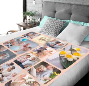 Custom Anniversary Collage Photo Blanket - BLANAI1, laid over a queen sized bed to show the plush blanket in use.
