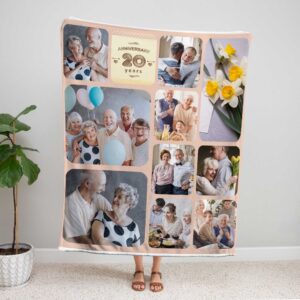 Custom Anniversary Collage Photo Blanket - BLANAI1, showing a lady standing upright, holding the blanket above her head to show the full design.