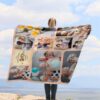 Custom Anniversary Collage Photo Blanket - BLANAI1, showing a lady camping outdoors wearing the plush blanket over her shoulders.