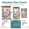 Custom Anniversary Collage Photo Blanket - BLANAI1, size chart of each blanket placed in a crib, single bed, twin bed, and queen sized bed.
