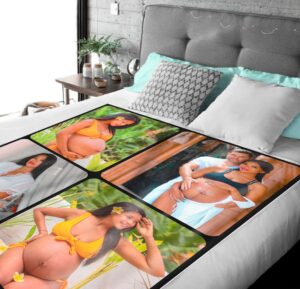 Custom Collage Blanket Personalized with Photos Text - BLANIA1, laid over a queen sized bed to show the plush blanket in use.