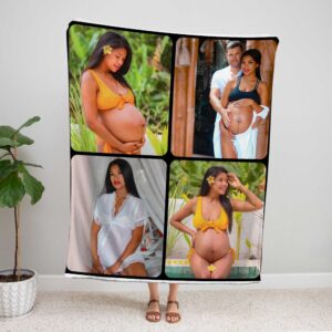 Custom Collage Blanket Personalized with Photos Text - BLANIA1, showing a lady standing upright, holding the blanket above her head to show the full design.