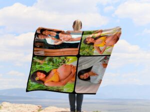 Custom Collage Blanket Personalized with Photos Text - BLANIA1, showing a lady camping outdoors wearing the plush blanket over her shoulders.