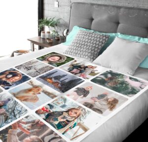 Custom Family Photo Collage Blanket - BLANAJ1, laid over a queen sized bed to show the plush blanket in use.
