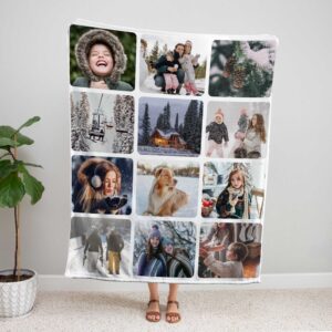 Custom Family Photo Collage Blanket - BLANAJ1, showing a lady standing upright, holding the blanket above her head to show the full design.