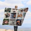 Custom Family Photo Collage Blanket - BLANAJ1, showing a lady camping outdoors wearing the plush blanket over her shoulders.