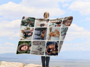Custom Family Photo Collage Blanket - BLANAJ1, showing a lady camping outdoors wearing the plush blanket over her shoulders.