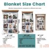 Custom Family Photo Collage Blanket - BLANAJ1, size chart of each blanket placed in a crib, single bed, twin bed, and queen sized bed.