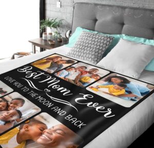Custom Family Photo Collage Blanket with Text - BLANQM, laid over a queen sized bed to show the plush blanket in use.