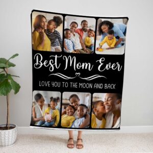Custom Family Photo Collage Blanket with Text - BLANQM, showing a lady standing upright, holding the blanket above her head to show the full design.