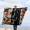 Custom Family Photo Collage Blanket with Text - BLANQM, showing a lady camping outdoors wearing the plush blanket over her shoulders.