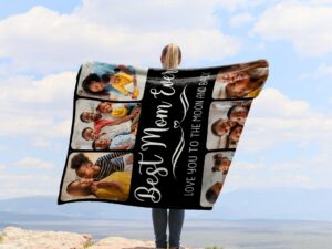 Custom Family Photo Collage Blanket with Text - BLANQM, showing a lady camping outdoors wearing the plush blanket over her shoulders.