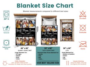 Custom Family Photo Collage Blanket with Text - BLANQM, size chart of each blanket placed in a crib, single bed, twin bed, and queen sized bed.
