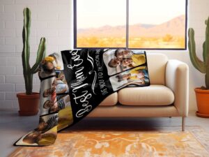 Custom Family Photo Collage Blanket with Text - BLANQM, laying over the back and seat of a plush beige sofa. Image by Terlis Designs.