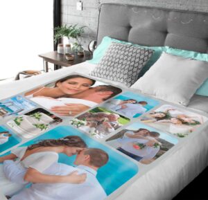 Custom Family Wedding Photo Blanket - BLANAC1, laid over a queen sized bed to show the plush blanket in use.