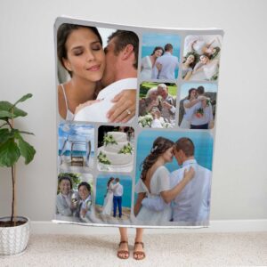 Custom Family Wedding Photo Blanket - BLANAC1, showing a lady standing upright, holding the blanket above her head to show the full design.