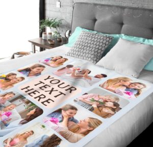 Custom Mom Birthday Photo Collage Blanket - BLANAK1, laid over a queen sized bed to show the plush blanket in use.