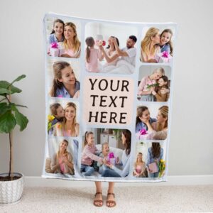 Custom Mom Birthday Photo Collage Blanket - BLANAK1, showing a lady standing upright, holding the blanket above her head to show the full design.