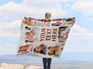 Custom Mom Birthday Photo Collage Blanket - BLANAK1, showing a lady camping outdoors wearing the plush blanket over her shoulders.