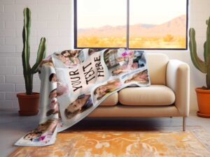 Custom Mom Birthday Photo Collage Blanket - BLANAK1, laying over the back and seat of a plush beige sofa. Image by Terlis Designs.