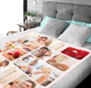 Custom Mom Engagement Photo Collage Blanket - BLANAH1, laid over a queen sized bed to show the plush blanket in use.