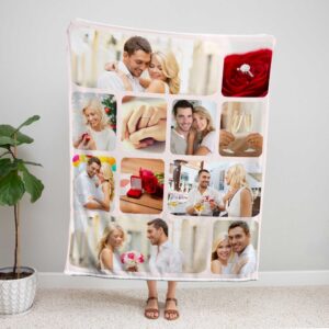Custom Mom Engagement Photo Collage Blanket - BLANAH1, showing a lady standing upright, holding the blanket above her head to show the full design.