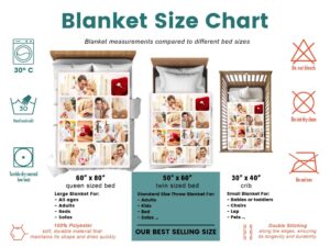 Custom Mom Engagement Photo Collage Blanket - BLANAH1, size chart of each blanket placed in a crib, single bed, twin bed, and queen sized bed.