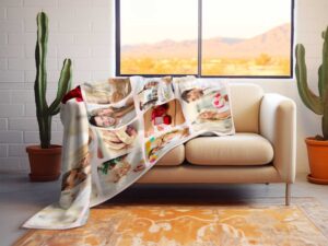 Custom Mom Engagement Photo Collage Blanket - BLANAH1, laying over the back and seat of a plush beige sofa. Image by Terlis Designs.