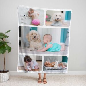Custom Photo Collage Birthday Blanket - BLANO2, showing a lady standing upright, holding the blanket above her head to show the full design.