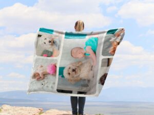 Custom Photo Collage Birthday Blanket - BLANO2, showing a lady camping outdoors wearing the plush blanket over her shoulders.