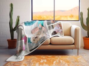 Custom Photo Collage Birthday Blanket - BLANO2, laying over the back and seat of a plush beige sofa. Image by Terlis Designs.