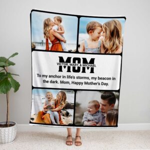 Custom Photo Collage throw blankets - BLANO3, showing a lady standing upright, holding the blanket above her head to show the full design.