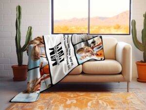Custom Photo Collage throw blankets - BLANO3, laying over the back and seat of a plush beige sofa. Image by Terlis Designs.