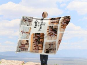 Custom Picture Collage Blanket With Text - BLANABM1, laid over a queen sized bed to show the plush blanket in use.