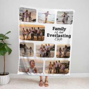 Custom Picture Collage Blanket With Text - BLANABM1, showing a lady standing upright, holding the blanket above her head to show the full design.
