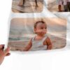Custom Picture Collage Blanket With Text - BLANABM1, closeup view of the blanket held between the thumbs and fingers.