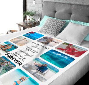 Customizable Family Photo Collage Blanket - BLANAFM1, laid over a queen sized bed to show the plush blanket in use.