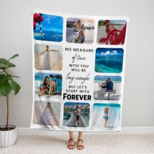 Customizable Family Photo Collage Blanket - BLANAFM1, showing a lady standing upright, holding the blanket above her head to show the full design.