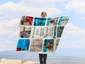 Customizable Family Photo Collage Blanket - BLANAFM1, showing a lady camping outdoors wearing the plush blanket over her shoulders.