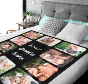 Customizable Memorial Photo Collage Blanket - BLANAF1, laid over a queen sized bed to show the plush blanket in use.