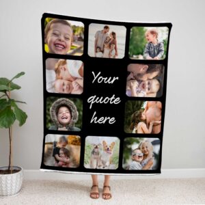 Customizable Memorial Photo Collage Blanket - BLANAF1, showing a lady standing upright, holding the blanket above her head to show the full design.