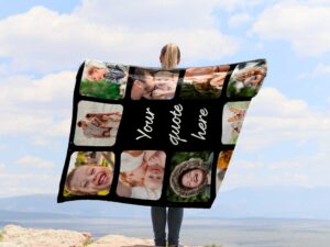 Customizable Memorial Photo Collage Blanket - BLANAF1, showing a lady camping outdoors wearing the plush blanket over her shoulders.