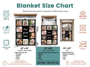 Customizable Memorial Photo Collage Blanket - BLANAF1, size chart of each blanket placed in a crib, single bed, twin bed, and queen sized bed.