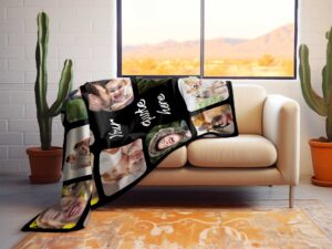 Customizable Memorial Photo Collage Blanket - BLANAF1, laying over the back and seat of a plush beige sofa. Image by Terlis Designs.
