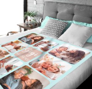 Customizable Photo Collage Blanket - BLANZM1, laid over a queen sized bed to show the plush blanket in use.