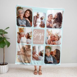 Customizable Photo Collage Blanket - BLANZM1, showing a lady standing upright, holding the blanket above her head to show the full design.