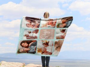 Customizable Photo Collage Blanket - BLANZM1, showing a lady camping outdoors wearing the plush blanket over her shoulders.
