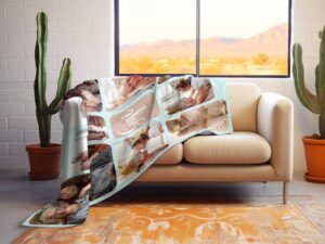Customizable Photo Collage Blanket - BLANZM1, laying over the back and seat of a plush beige sofa. Image by Terlis Designs.