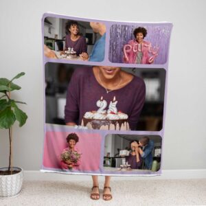 Family Photo Collage Blanket With Pictures - BLANO1, showing a lady standing upright, holding the blanket above her head to show the full design.