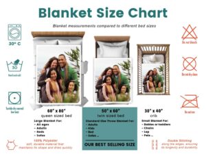 Family Photo Collage Personalized Memorial Blanket - BLANA1, size chart of each blanket placed in a crib, single bed, twin bed, and queen sized bed.